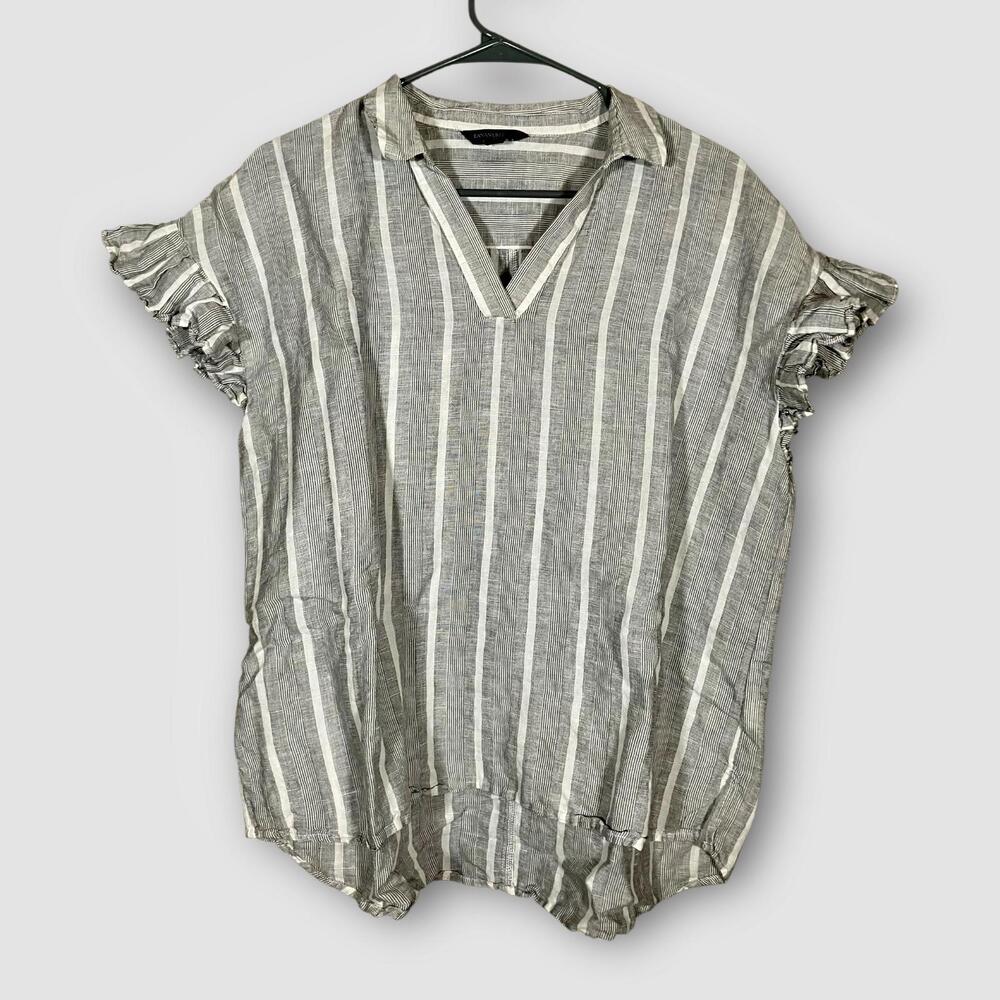 Banana Republic Gray White Striped Ruffle Short Sleeve V-Neck Blouse Women’s M